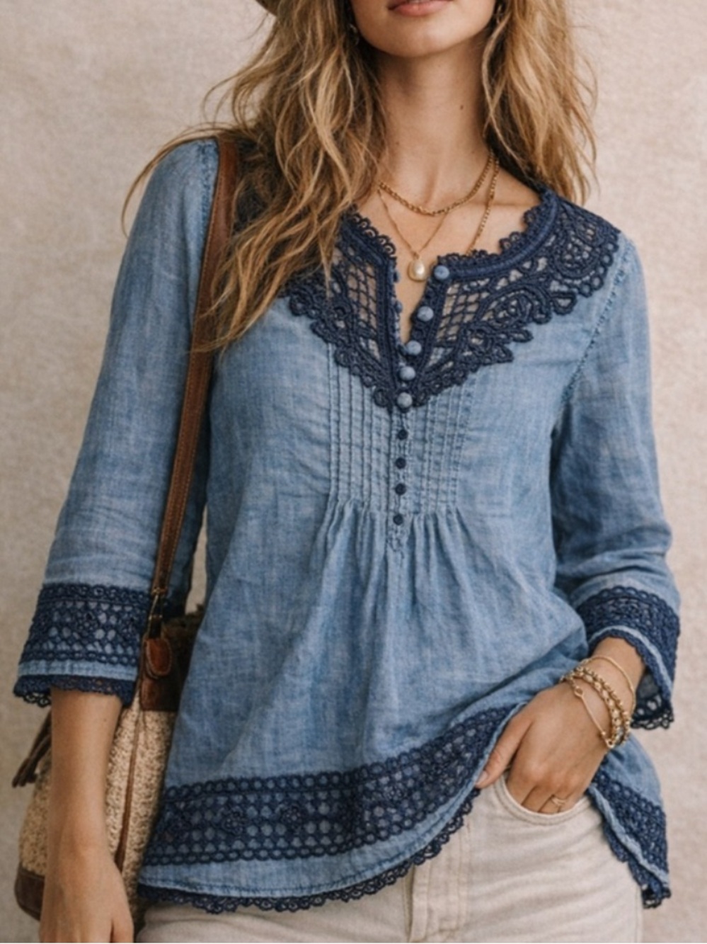 Holding Horses Anthropologie Blue Chambray & Crochet Lace Boho Peasant Top Sz 0